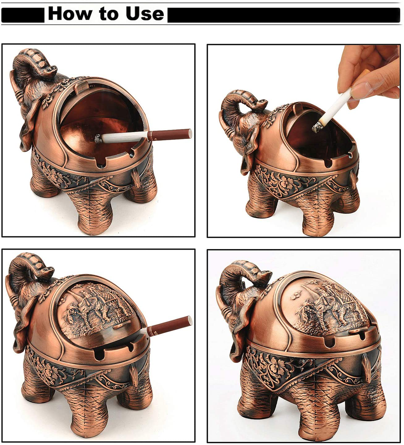 Decorative Stand Elephant Ashtray with Lid 