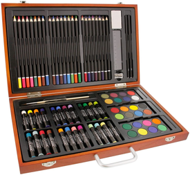 U.S. Art Supply 82-Piece Deluxe Artist Studio Creativity Set Wood Box Case - Art Painting, Sketching Drawing Set, 24 Watercolor Paint Colors, 24 Oil Pastels, 24 Colored Pencils, 2 Brushes, Starter Kit