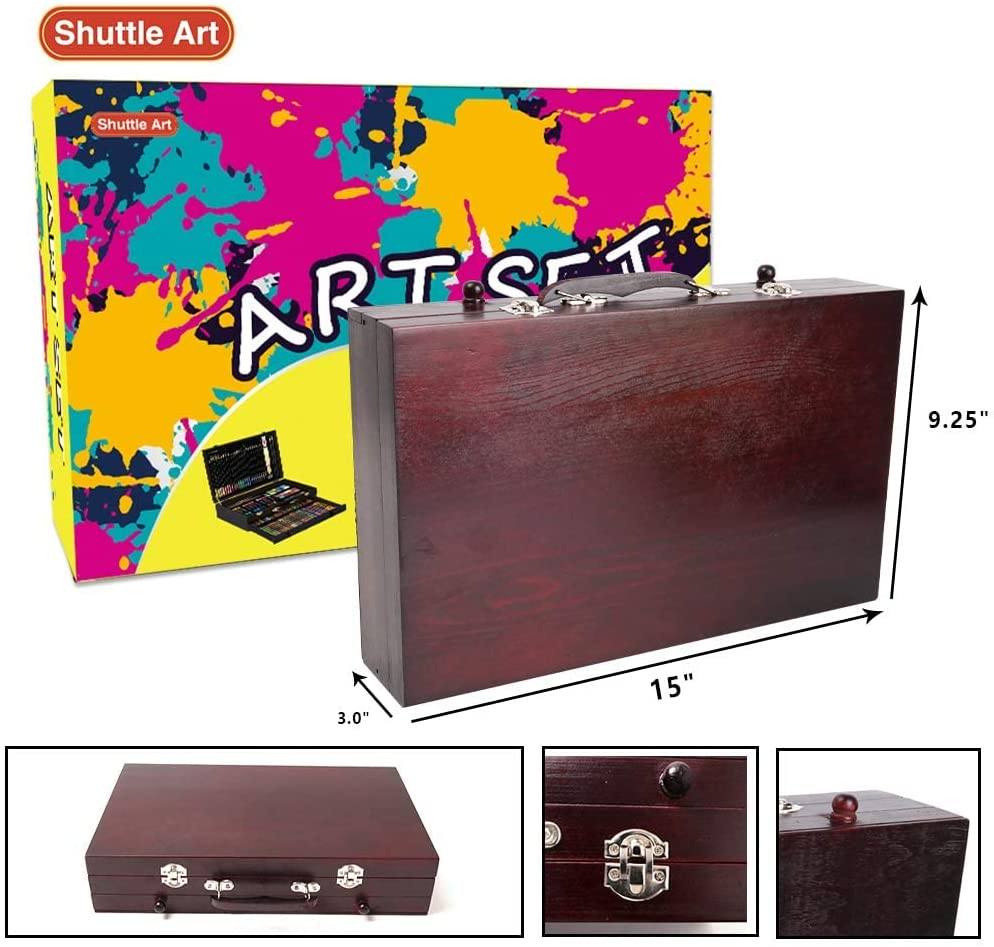 186 Piece Deluxe Art Set, Shuttle Art Art Supplies in Wooden Case, Painting Drawing Art Kit with Acrylic Paint Pencils Oil Pastels Watercolor Cakes Coloring Book Watercolor Sketch Pad for Kids Adults