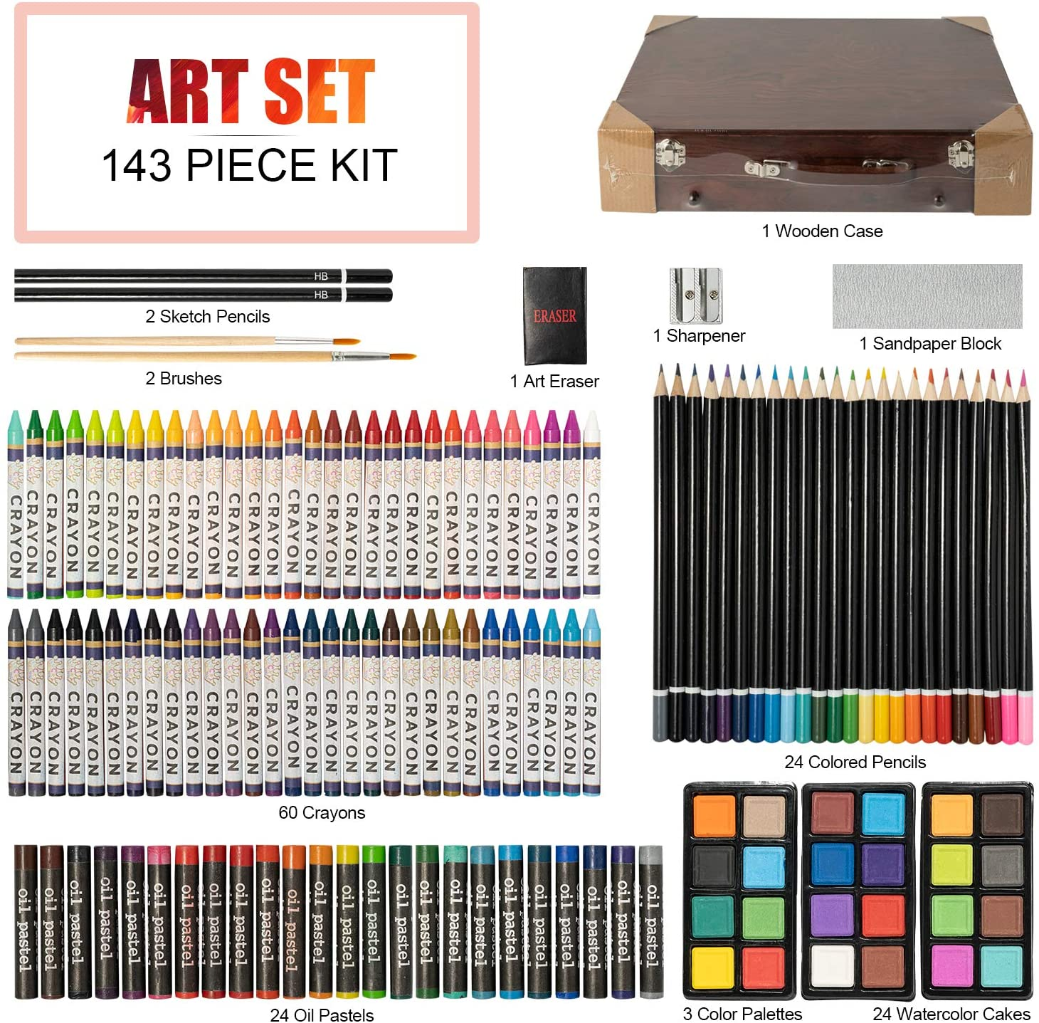 143 Piece Deluxe Art Set, Artist Drawing&Painting Set, Art Supplies with Wooden Case, Professional Art Kit for Kids, Teens and Adults