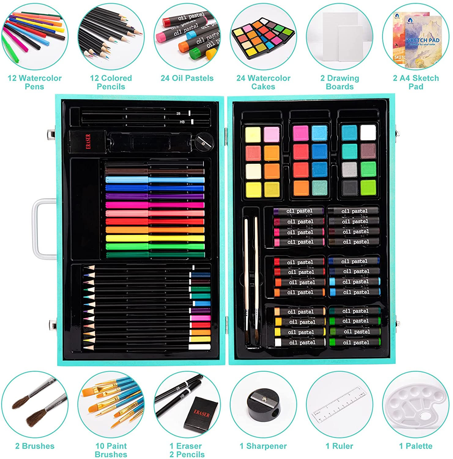 Art Supplies, 94 Pieces Wooden Art Set Crafts Drawing Painting Kit, Portable Art Case Art Kit Includes Oil Pastels, Watercolor Pens, Creative Gift for Kids, Adults, Teens Girls Boys (Blue)