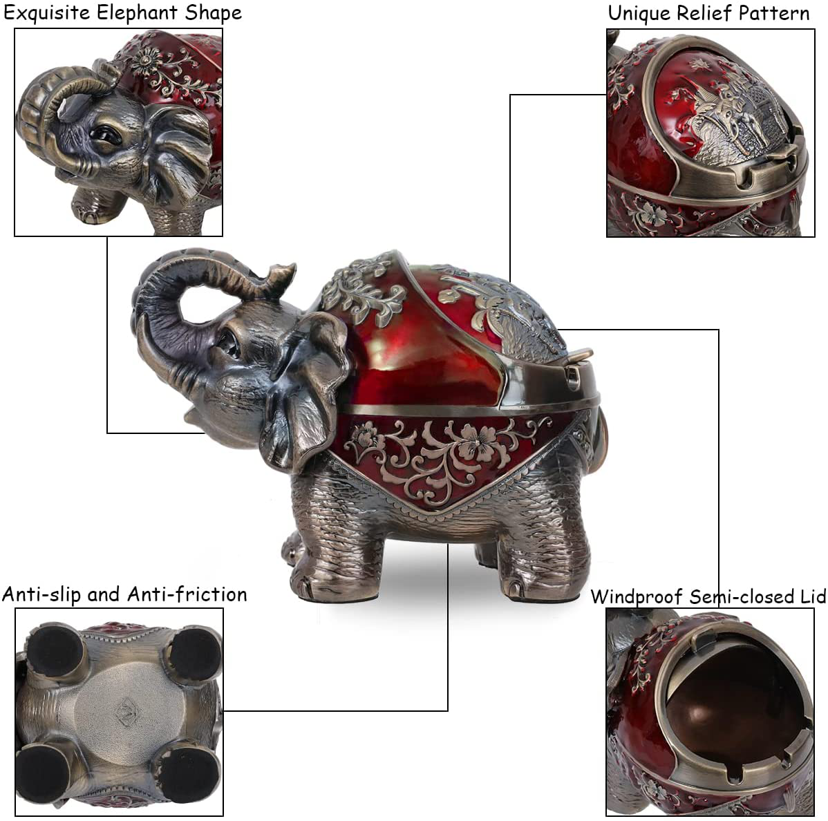 Elephant Ashtray with Lid (Red)