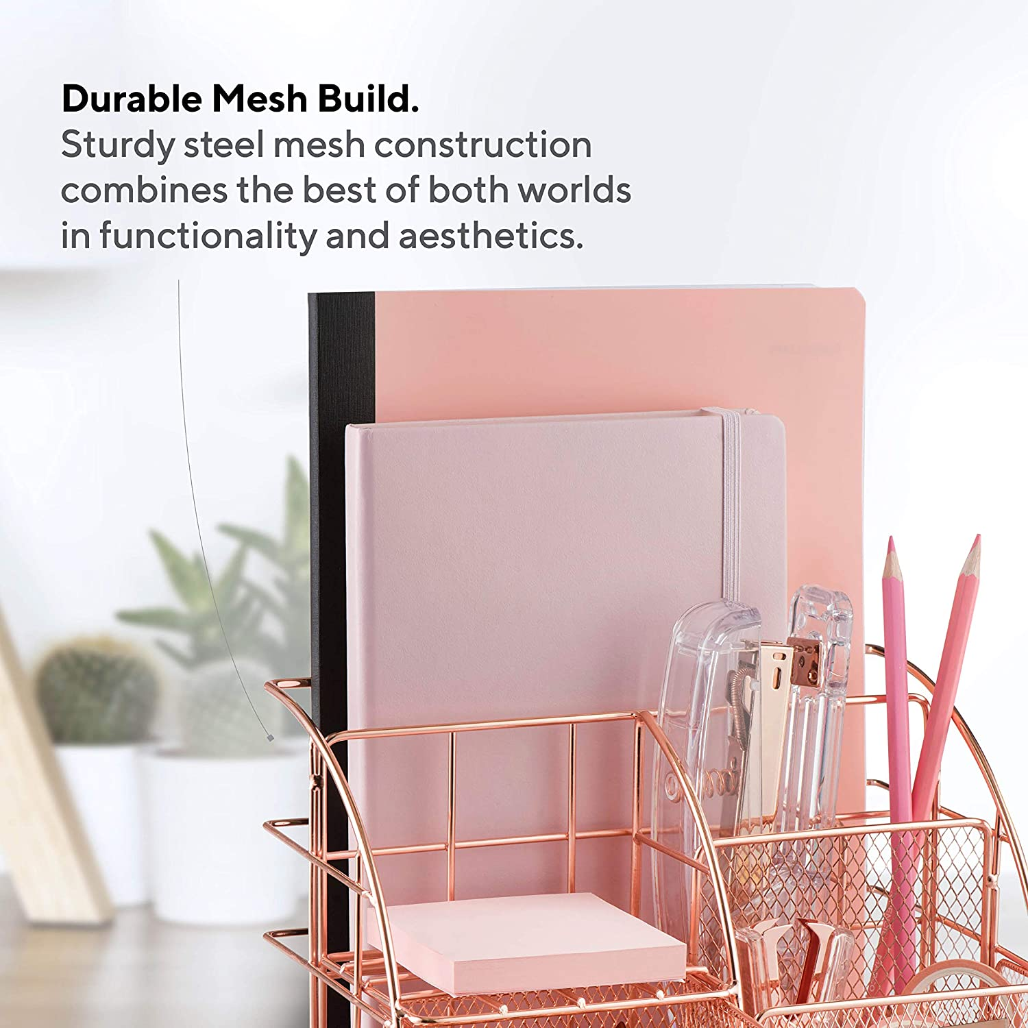 Rose Gold Desk Accessories, Desk Organizer & Office Decor for Women, Office Supplies Pen Holder | Paper & Binder Clips Included - Features 5 Compartments + Drawer | the Wire Collection