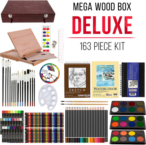 Image of U.S. Art Supply 163-Piece Mega Deluxe Art Painting, Drawing Set in Wood Box, Desk Easel - Artist Painting Pad, 2 Sketch Pads, 24 Watercolor Paint Colors, 24 Oil Pastels, 24 Colored Pencils, 60 Crayons