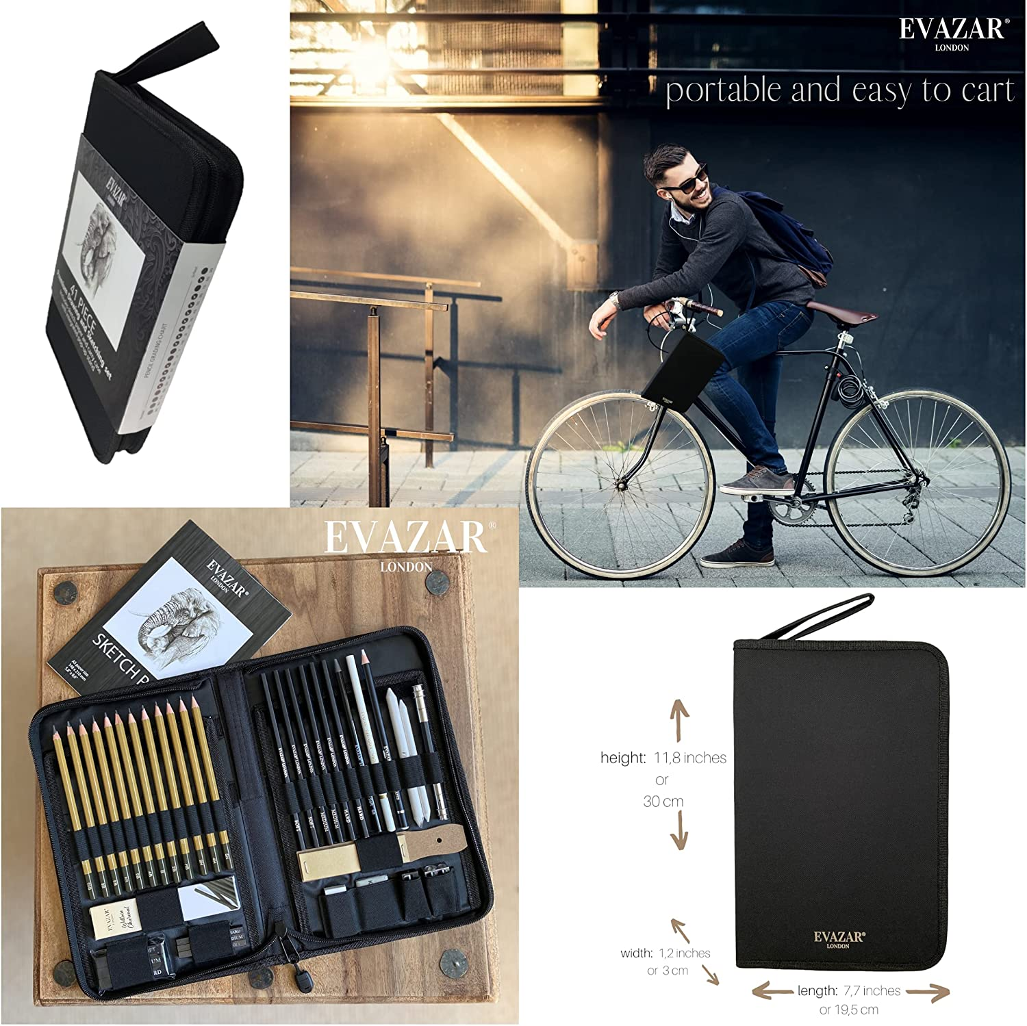 Sketching Supplies and Drawing Pencils; Artists Sketch Kit Includes Assorted Graphite and Charcoal Pencils and Sticks Presented in Sturdy Portable Case with Integrated Stands; EVAZAR Quality Art Supplies