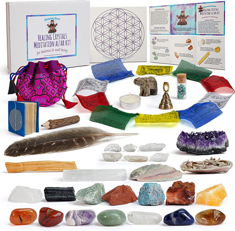 Image of DANCING BEAR Deluxe Healing Crystals (35 Pc Set) Altar & Meditation Kit, Chakra Balance Stones, Abalone Shell & Sage, Smudge Feather, Real Turquoise, Spirit Animal, Bell, Prayer Flag, Made in USA