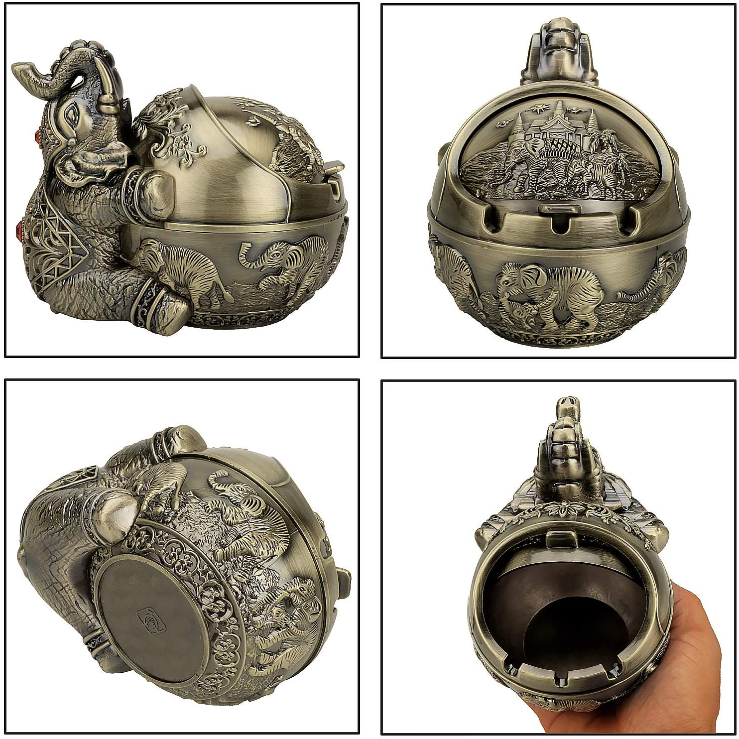 Vintage Decorative Windproof Ashtray with Lid  (Bronze Sitting Elephant)