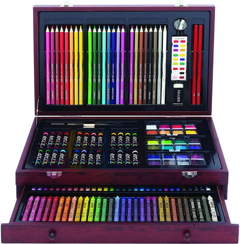 Image of 142 Pc Art Set in a Wood Carrying Case, Includes 24 Premium Colored Pencils, a Variety of Coloring and Painting Mediums: Crayons, Oil Pastels, Watercolors; Portable Art Studio