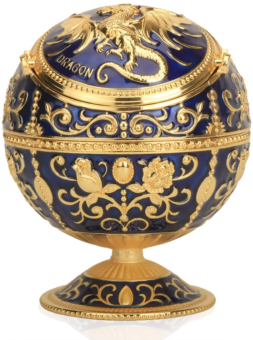 Windproof Ashtray with Flip Lid, Handcrafted Rose Pattern Classy Gift for Women Men (Transparent Blue-Golden) 