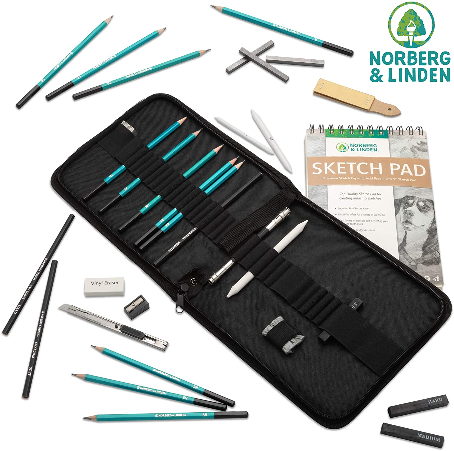 Norberg & Linden XL Drawing Set - Sketching, Graphite and Charcoal Pencils. Includes 100 Page Drawing Pad, Kneaded Eraser, Blending Stump. Art Kit and Supplies for Kids, Teens and Adults.