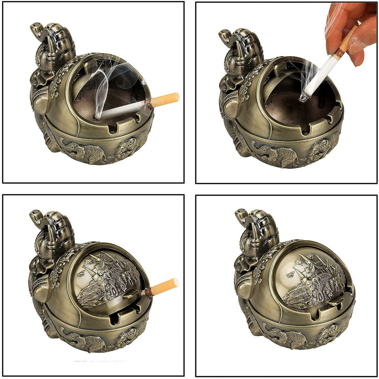 Vintage Decorative Windproof Ashtray with Lid  (Bronze Sitting Elephant)