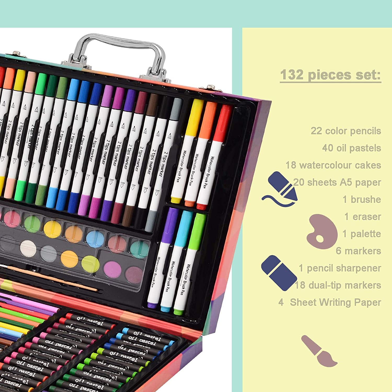 Darnassus 132-Piece Art Set, Inspiration Art Case Coloring Set, Deluxe Professional Color Set, Crafts for Kids Ages 8-12, with Compact Portable Case