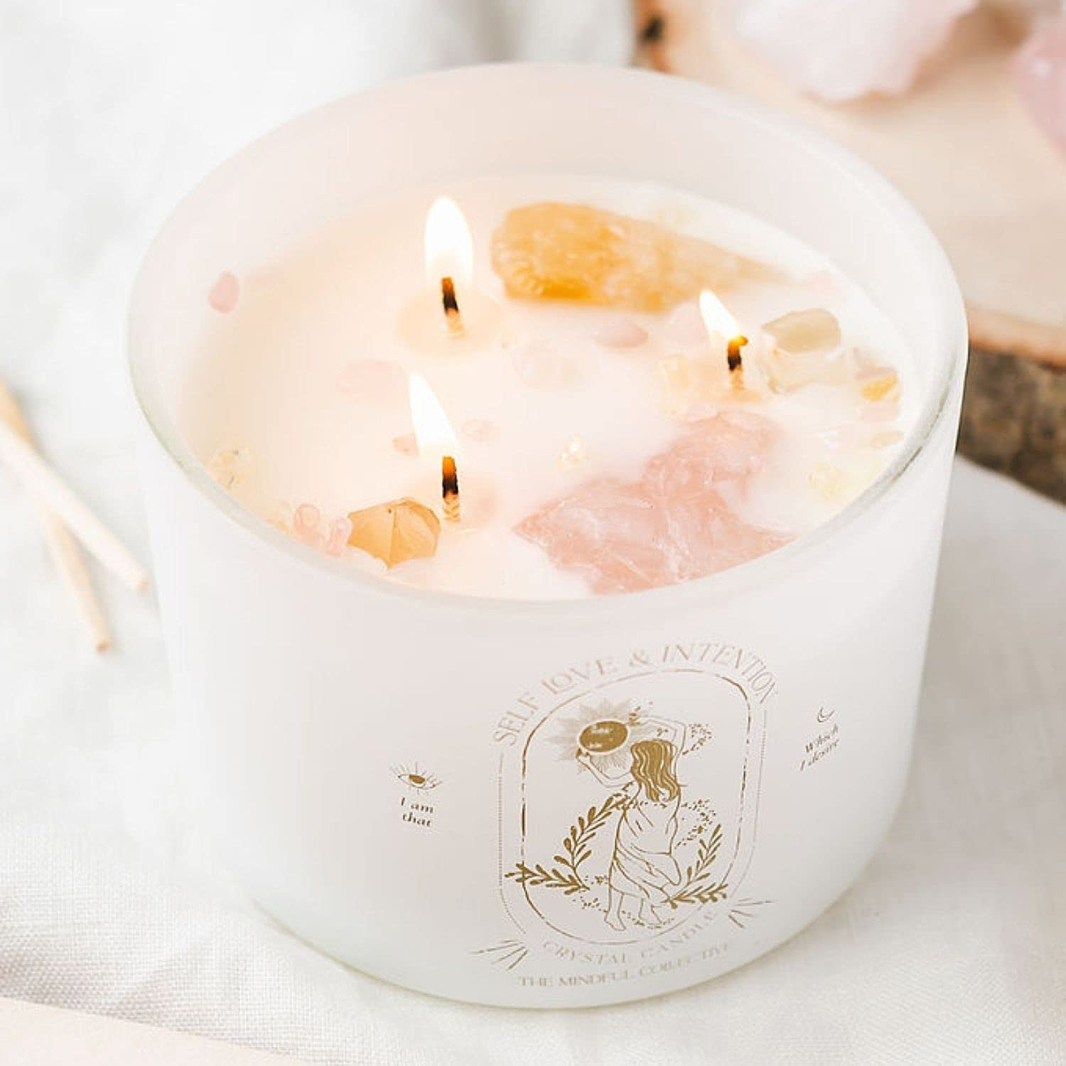 Healing Crystal Candle - Soy Candle with Crystals Inside. Energy Crystals and Healing Stones Manifestation Candle. Three Wick Candle, Meditation Accessories. Self Love, Spiritual Aromatherapy Candles