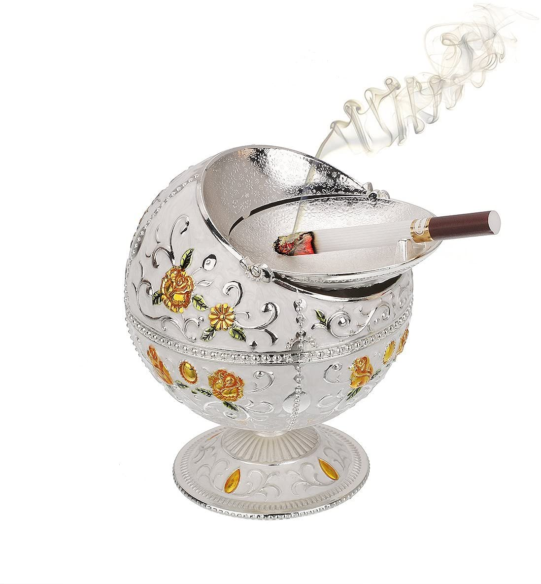 Hand Stamped Rose Pattern Ashtray (Silver- with Green Leaf)