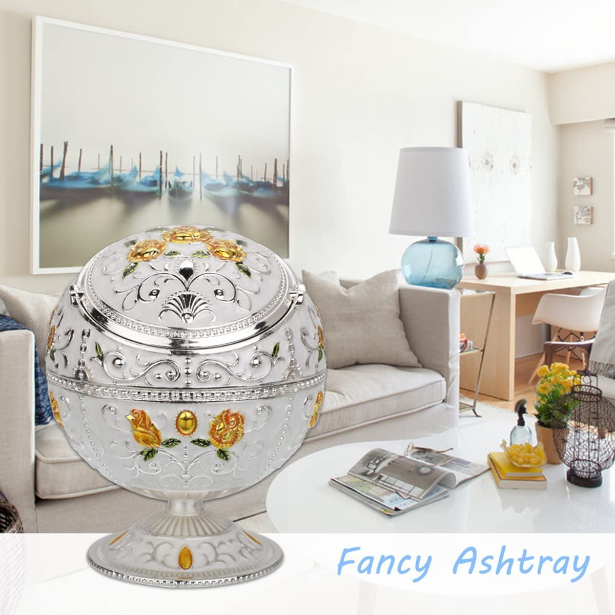 Hand Stamped Rose Pattern Ashtray (Silver- with Green Leaf)