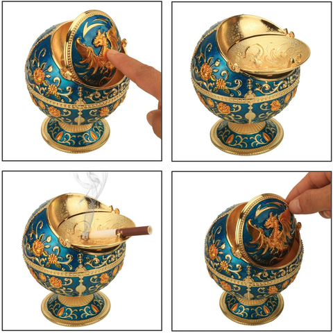 Image of Windproof Ashtray with Flip Lid, Handcrafted Rose Pattern Classy Gift for Women Men (Transparent Blue-Golden) 