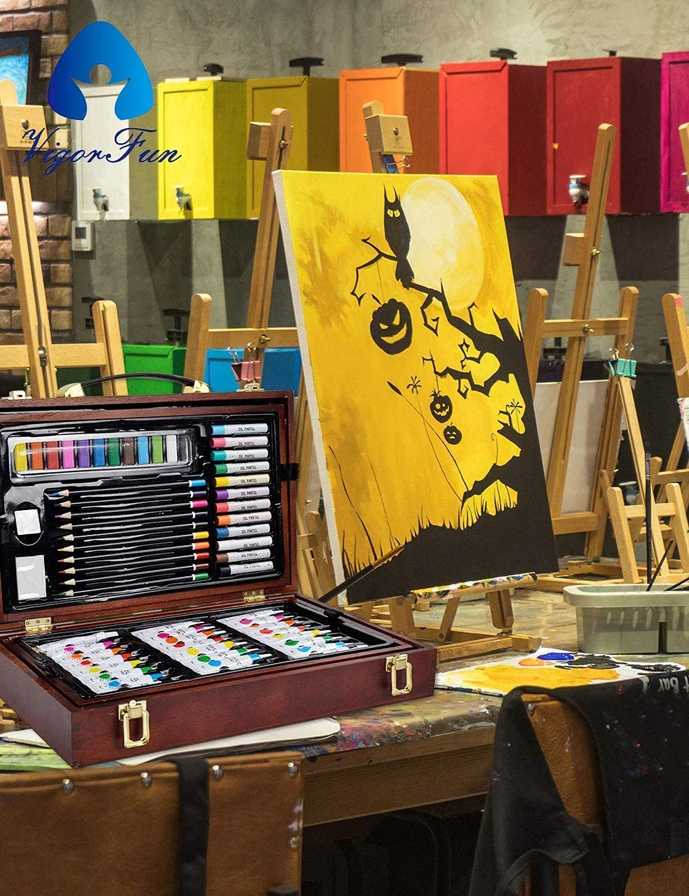 Deluxe Art Set in Wooden Case, with Soft & Oil Pastels, Acrylic & Watercolor Paints, Water Color, Sketching, Charcoal & Colored Pencils, Watercolor Cakes and Tools
