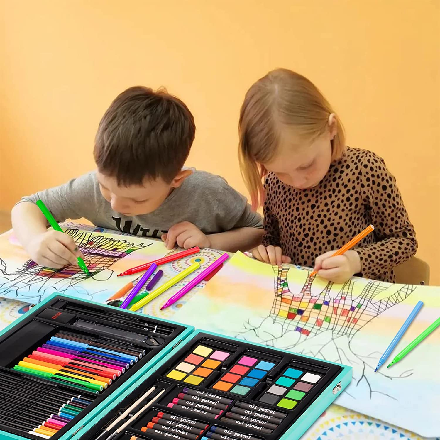 Art Supplies, 94 Pieces Wooden Art Set Crafts Drawing Painting Kit, Portable Art Case Art Kit Includes Oil Pastels, Watercolor Pens, Creative Gift for Kids, Adults, Teens Girls Boys (Blue)