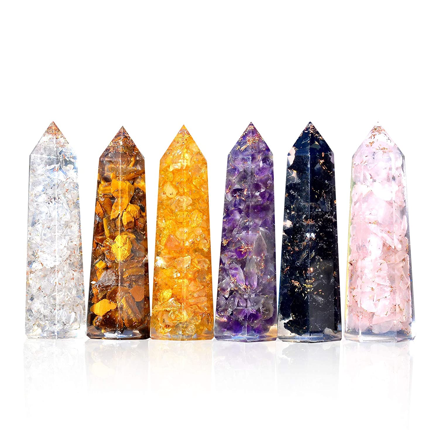Healing Crystal Wand Set of 6 Orgonite – Includes 3” Amethyst Crystal, Tigers Eye, Rose Quartz, Black Tourmaline Stone, Citrine and Clear Quartz Orgone Crystal plus Black Tourmaline Necklace