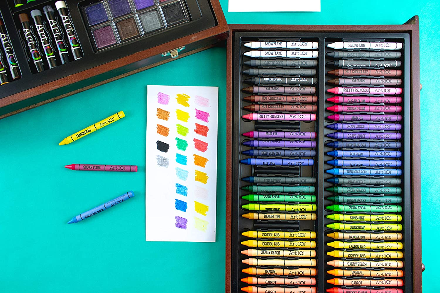 142 Pc Art Set in a Wood Carrying Case, Includes 24 Premium Colored Pencils, a Variety of Coloring and Painting Mediums: Crayons, Oil Pastels, Watercolors; Portable Art Studio