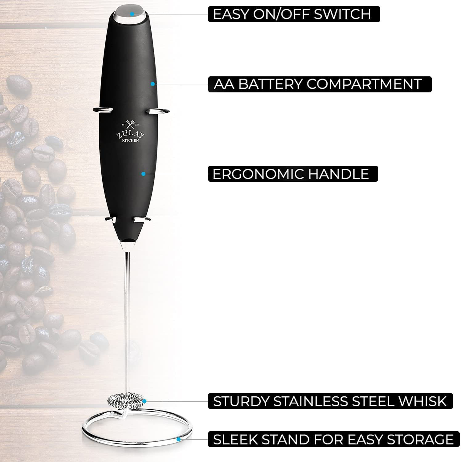 Zulay Original Milk Frother Handheld Foam Maker for Lattes - Whisk Drink Mixer for Coffee, Mini Foamer for Cappuccino, Frappe, Matcha, Hot Chocolate by Milk Boss (Black)