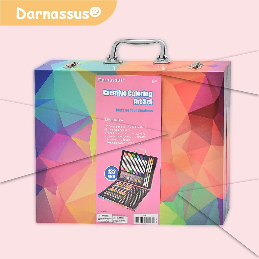 Darnassus 132-Piece Art Set Deluxe Professional Color Set Art Kit for Kids  and Adult With Compact Portable Case Pink