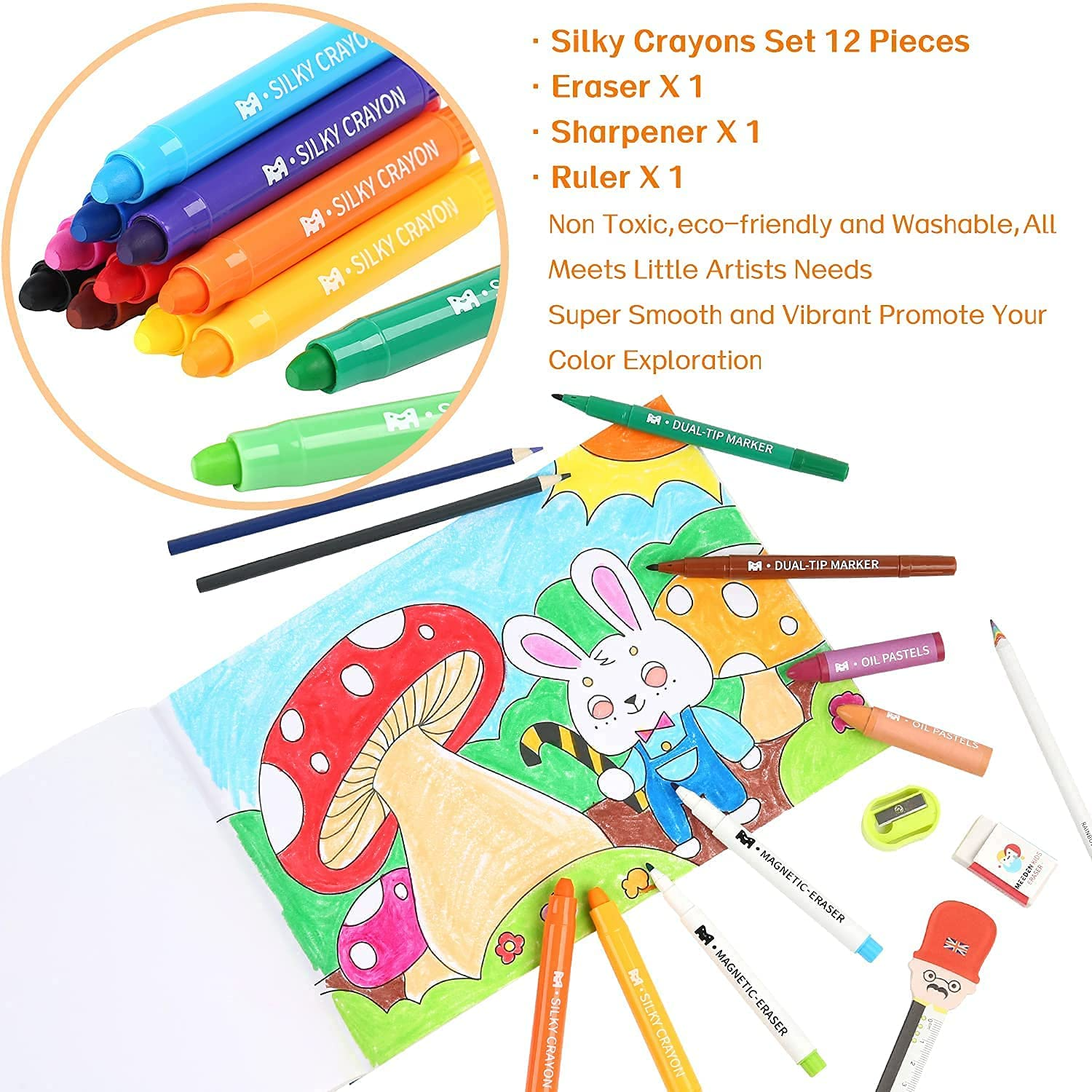 MEEDEN Kids Drawing Set,Gift for Kids,Wood Case Artist Painting Set with Silky Crayons,Oil Pastels,Waterbased Pencils,Dry Erase Markers,Kids Art Supply Coloring Set with Paint Pad&White Drawing Board