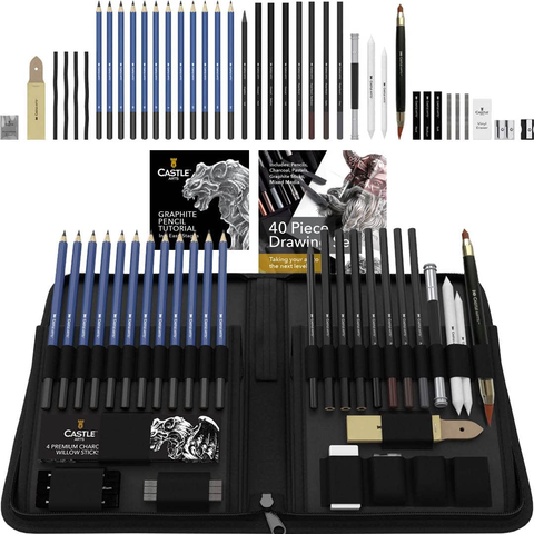 Image of Castle Art Supplies Graphite Drawing Pencils and Sketch Set (40-Piece Kit), Complete Artist Kit Includes Charcoals, Pastels and Zippered Carry Case, Includes Rare Pop-Up Stand