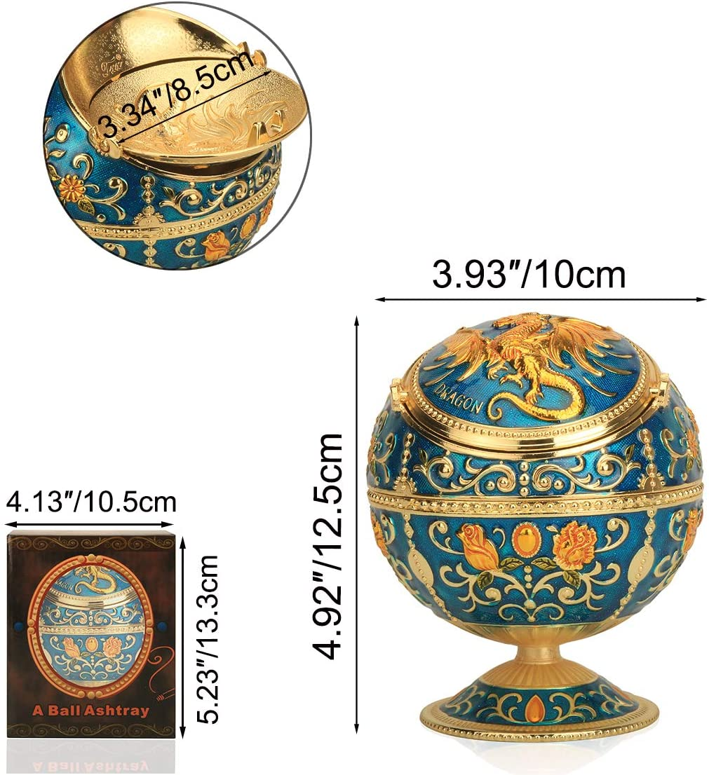 Windproof Ashtray with Flip Lid, Handcrafted Rose Pattern Classy Gift for Women Men (Transparent Blue-Golden) 