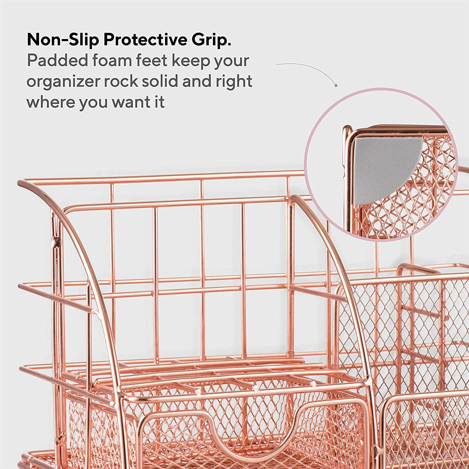 Rose Gold Desk Accessories, Desk Organizer & Office Decor for Women, Office Supplies Pen Holder | Paper & Binder Clips Included - Features 5 Compartments + Drawer | the Wire Collection