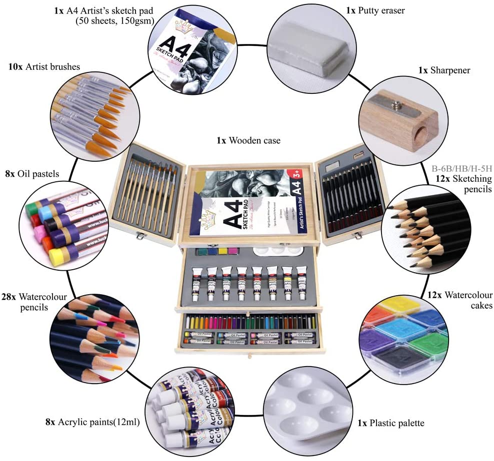 Professional Art Set, Art Supplies in Portable Wooden Case, 83 Pieces Deluxe Art Set for Painting & Drawing, Art Kit for Kids, Teens and /Gift