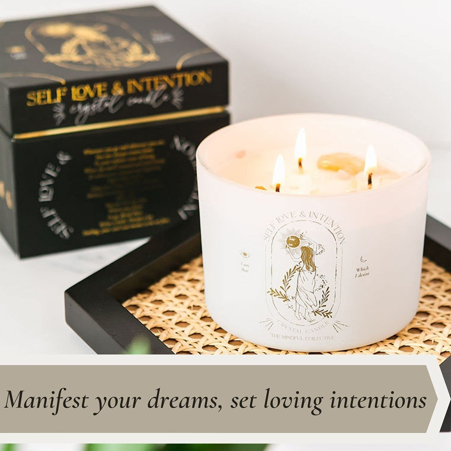 Healing Crystal Candle - Soy Candle with Crystals Inside. Energy Crystals and Healing Stones Manifestation Candle. Three Wick Candle, Meditation Accessories. Self Love, Spiritual Aromatherapy Candles