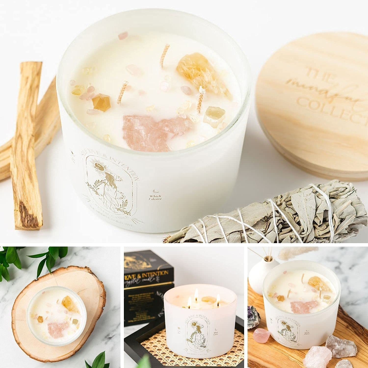 Healing Crystal Candle - Soy Candle with Crystals Inside. Energy Crystals and Healing Stones Manifestation Candle. Three Wick Candle, Meditation Accessories. Self Love, Spiritual Aromatherapy Candles