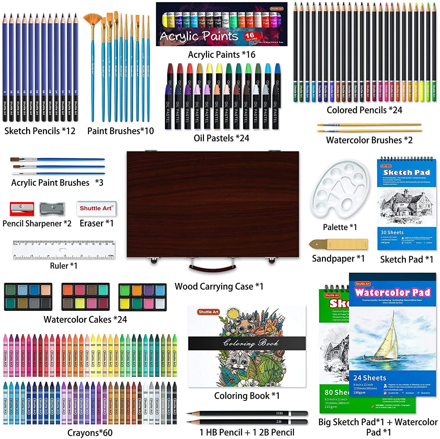 186 Piece Deluxe Art Set, Shuttle Art Art Supplies in Wooden Case, Painting Drawing Art Kit with Acrylic Paint Pencils Oil Pastels Watercolor Cakes Coloring Book Watercolor Sketch Pad for Kids Adults