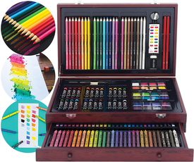 142 Pc Art Set in a Wood Carrying Case, Includes 24 Premium Colored Pencils, a Variety of Coloring and Painting Mediums: Crayons, Oil Pastels, Watercolors; Portable Art Studio
