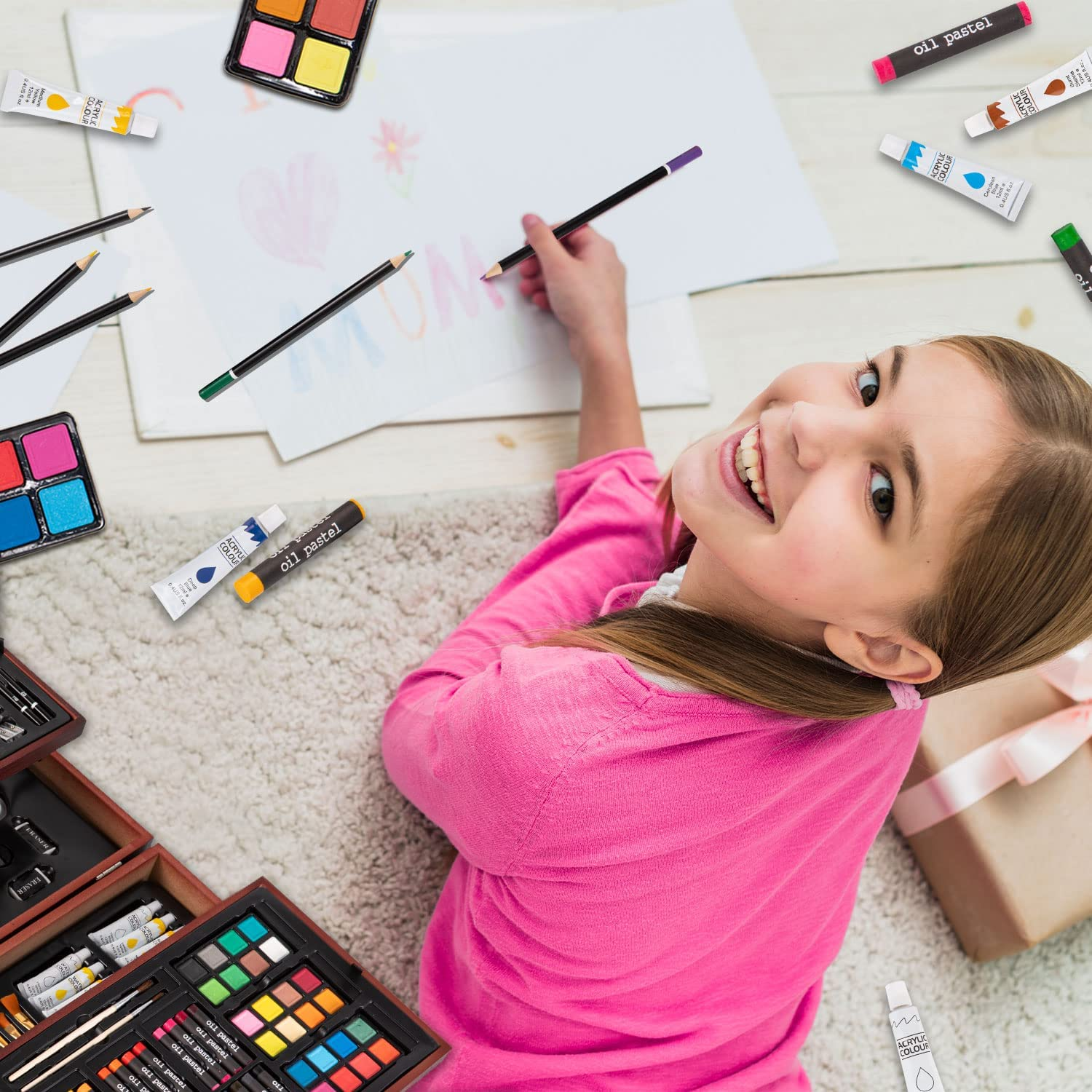 130-Piece Art Kit Painting Supplies in Portable Wooden Art Case, Acrylic Paints, Oil Pastels, Colored Pencils, Portable Art Set Gift for Kids Beginners and Artists