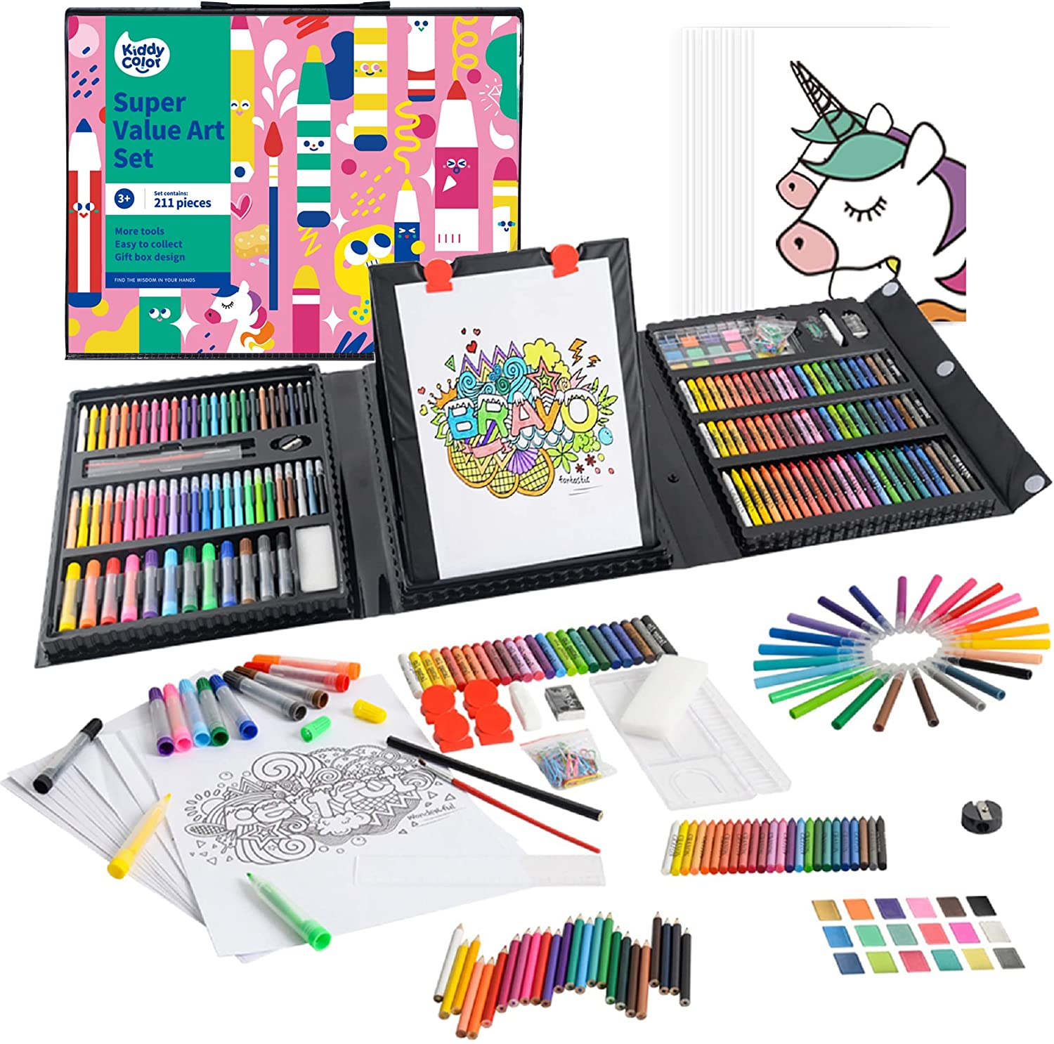 KIDDYCOLOR 211Pcs Kids Art Supplies, Portable Painting & Drawing Art Kit for Kids with Oil Pastels, Crayons, Colored Pencils, Markers, Double Sided Trifold Easel Art Set for Girls Boys Teens 3-12