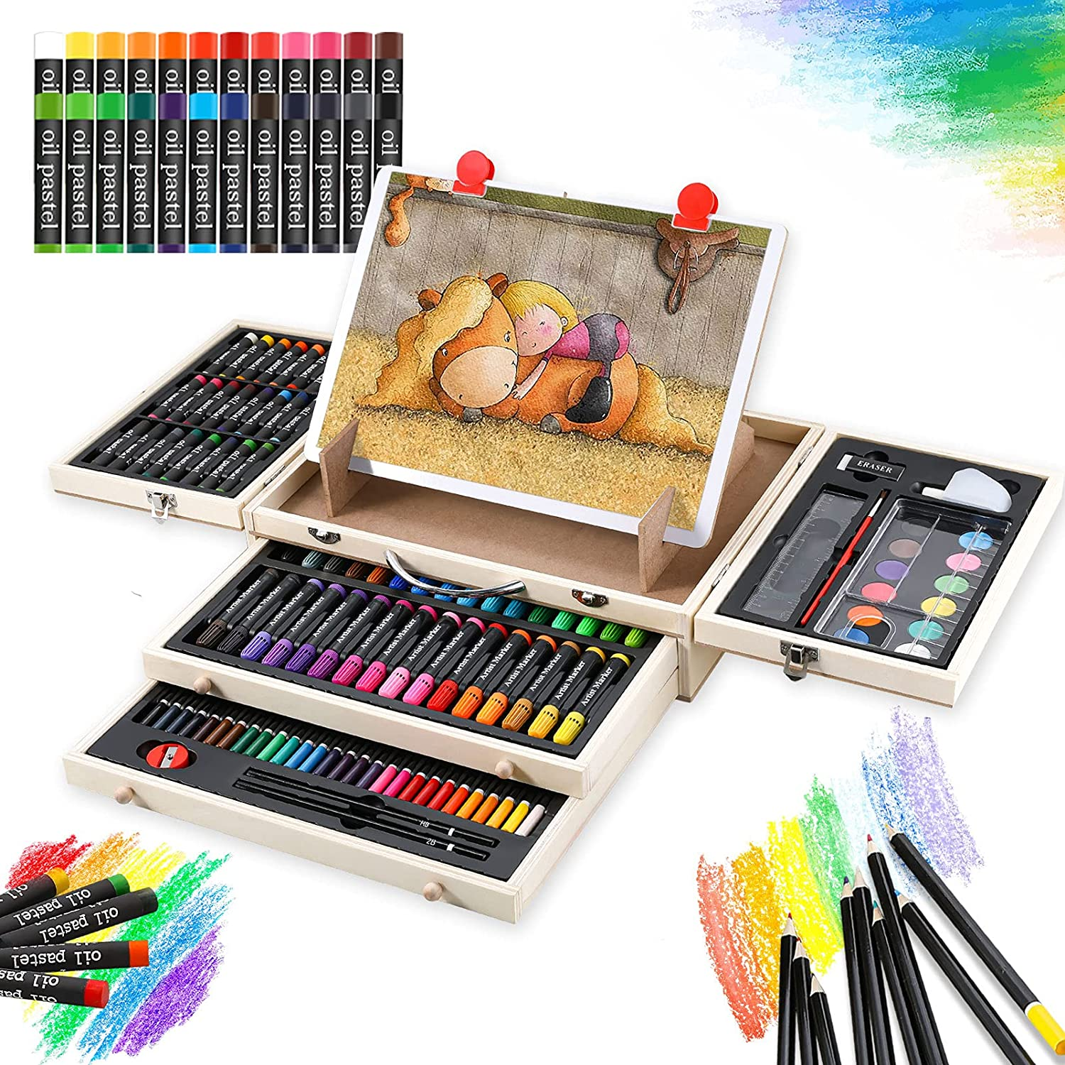 Art Supplies 85 Pieces Portable Art Set Drawing Supplies with Built-In Wooden Easel, Including Oil Pastels, Colored Pencils, Watercolor Powder, Acrylic Paint, Art Kits for Kids & Beginners