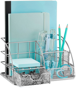 Desk Organizer & Office Decor for Women, Office Supplies Pen Holder | Paper & Binder Clips Included - Features 5 Compartments + Drawer