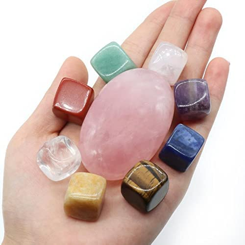 Image of Chakra Self Love Healing Crystal Collection in Treasure Chest, 9 PCS 1 Large Rose Quartz Palm Stone 8 Chakra Tumbled Stones Guide Self-Love Affirmations the Sacred Gift,Self Worth,Spirituality