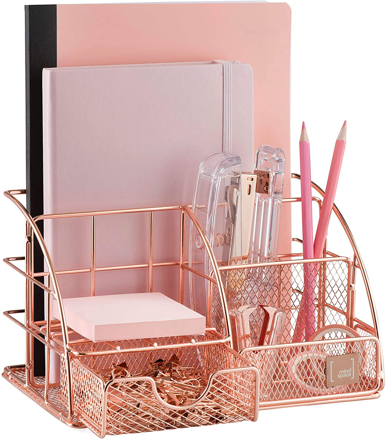 Rose Gold Desk Accessories, Desk Organizer & Office Decor for Women, Office Supplies Pen Holder | Paper & Binder Clips Included - Features 5 Compartments + Drawer | the Wire Collection