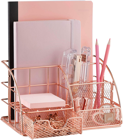 Image of Rose Gold Desk Accessories, Desk Organizer & Office Decor for Women, Office Supplies Pen Holder | Paper & Binder Clips Included - Features 5 Compartments + Drawer | the Wire Collection