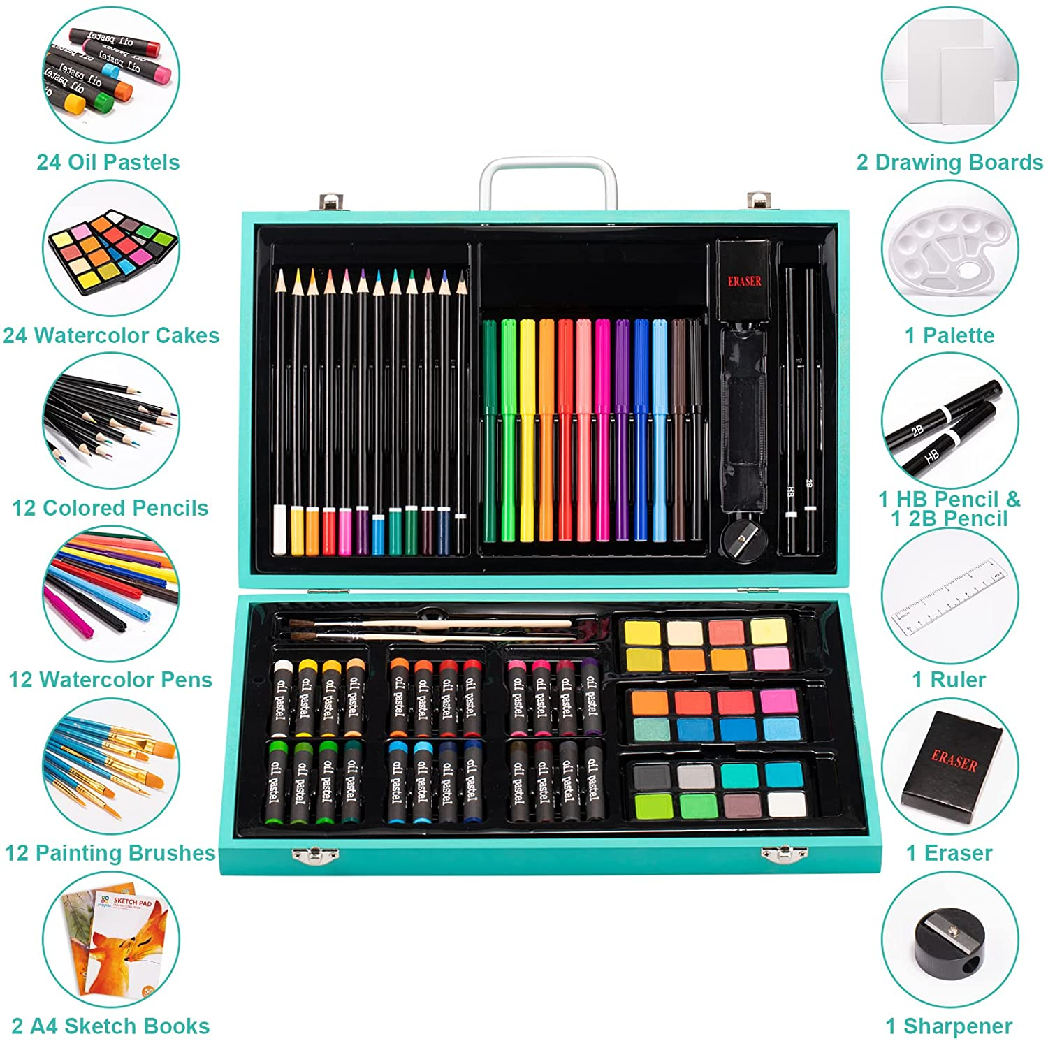 Art Supplies 94 Piece Wooden Art Set for Painting, Sketching, Coloring Creative Portable Art Kit with Colored Pencils, Oil Pastels, Watercolor Cakes for Teens, Adults (Grass Green)