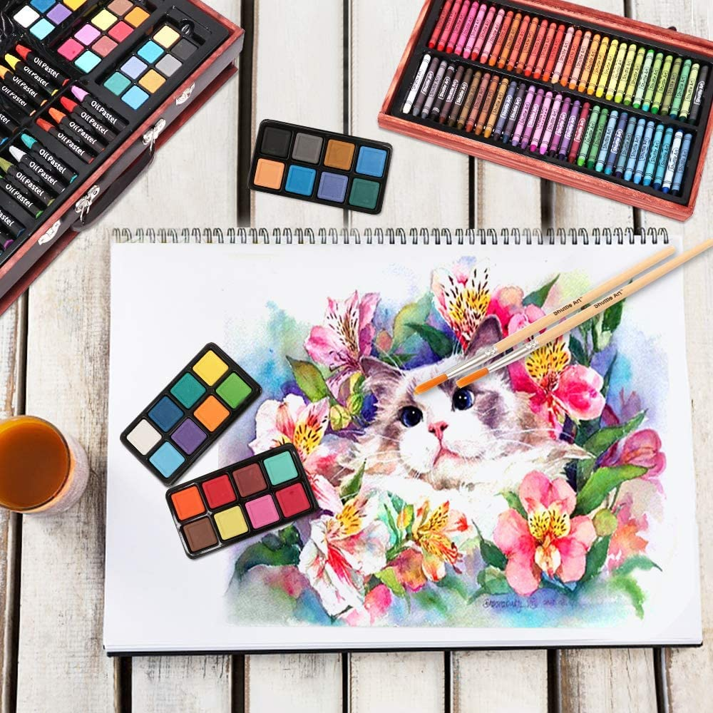 186 Piece Deluxe Art Set, Shuttle Art Art Supplies in Wooden Case, Painting Drawing Art Kit with Acrylic Paint Pencils Oil Pastels Watercolor Cakes Coloring Book Watercolor Sketch Pad for Kids Adults