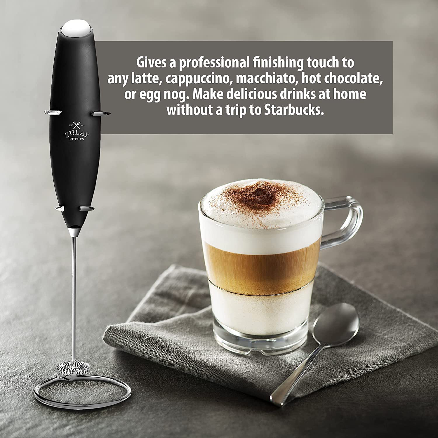 Zulay Original Milk Frother Handheld Foam Maker for Lattes - Whisk Drink Mixer for Coffee, Mini Foamer for Cappuccino, Frappe, Matcha, Hot Chocolate by Milk Boss (Black)