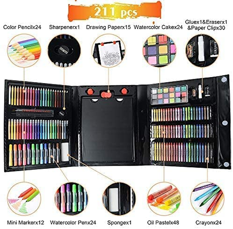 KIDDYCOLOR 211Pcs Kids Art Supplies, Portable Painting & Drawing Art Kit for Kids with Oil Pastels, Crayons, Colored Pencils, Markers, Double Sided Trifold Easel Art Set for Girls Boys Teens 3-12