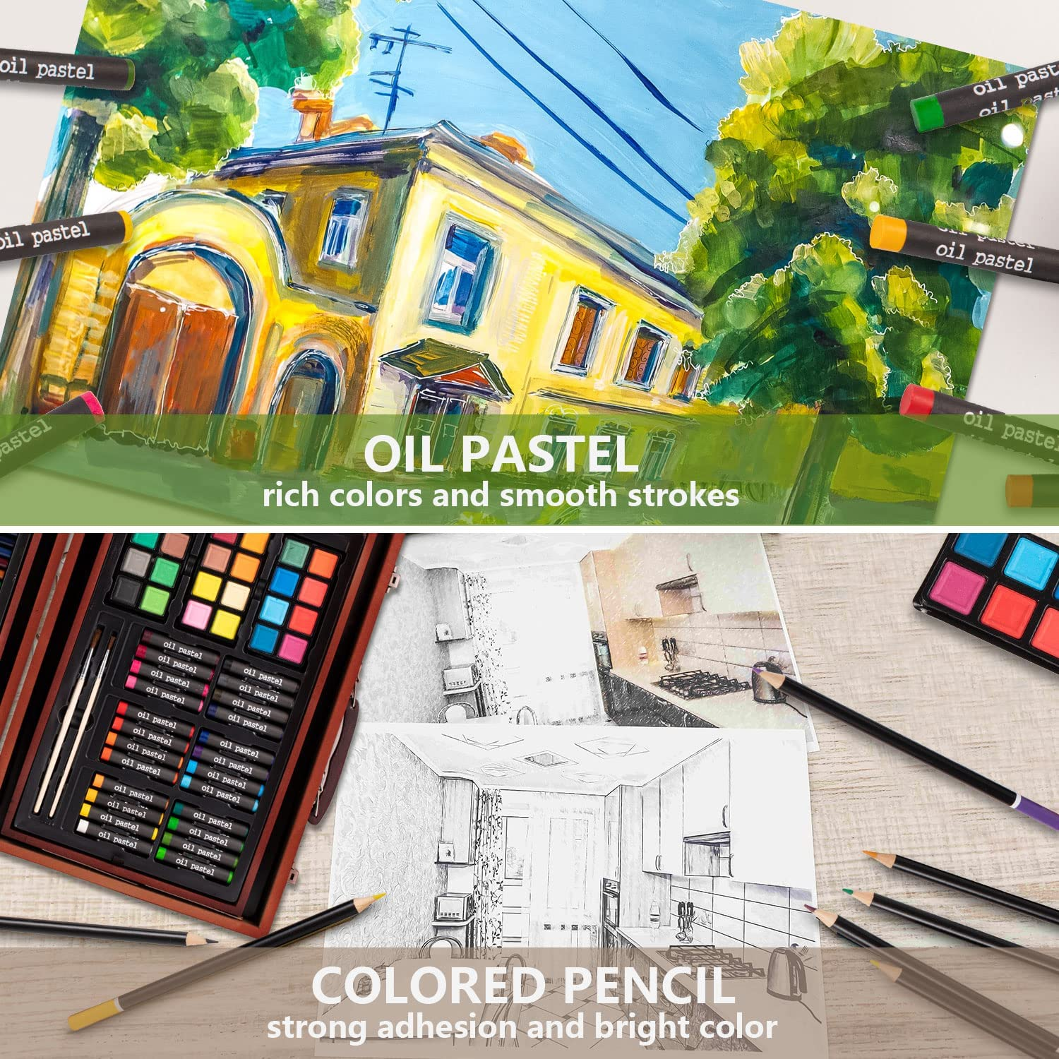 130-Piece Art Kit Painting Supplies in Portable Wooden Art Case, Acrylic Paints, Oil Pastels, Colored Pencils, Portable Art Set Gift for Kids Beginners and Artists