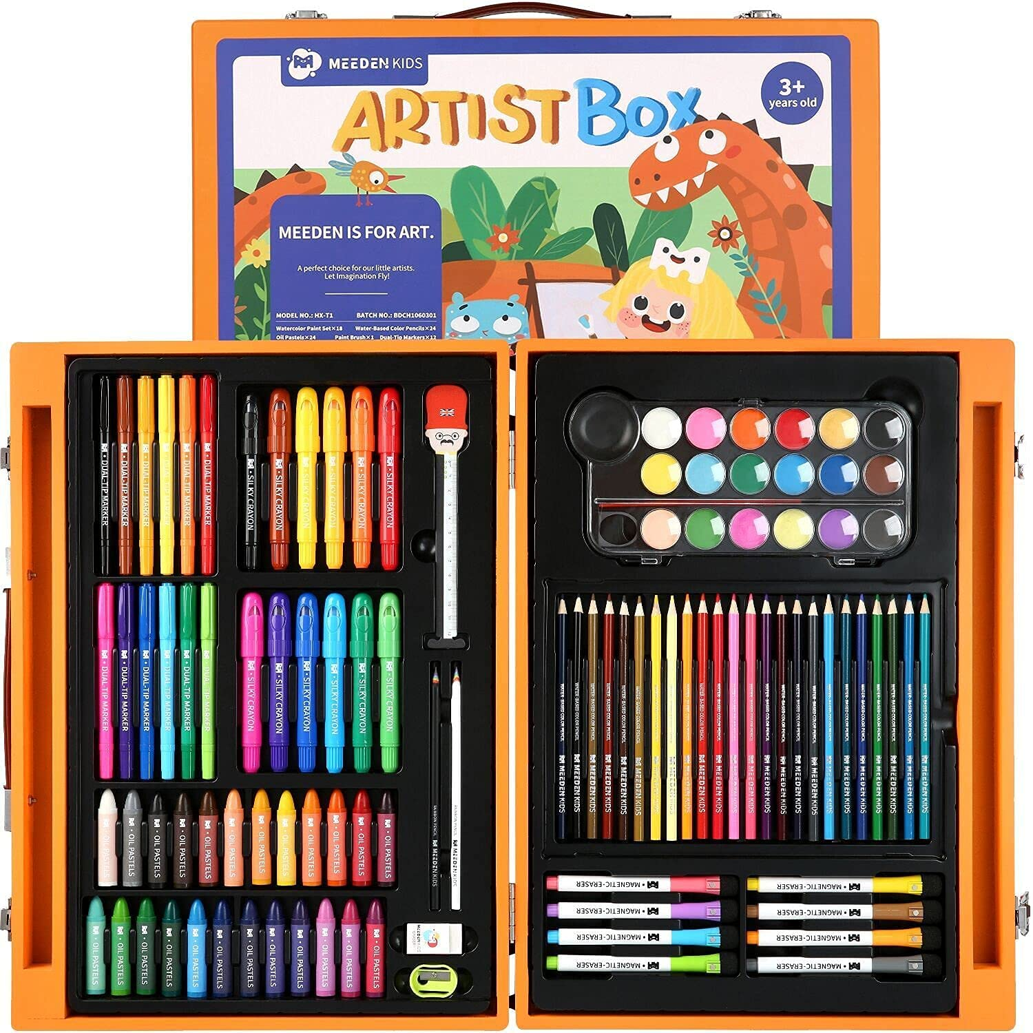 MEEDEN Kids Drawing Set,Gift for Kids,Wood Case Artist Painting Set with Silky Crayons,Oil Pastels,Waterbased Pencils,Dry Erase Markers,Kids Art Supply Coloring Set with Paint Pad&White Drawing Board