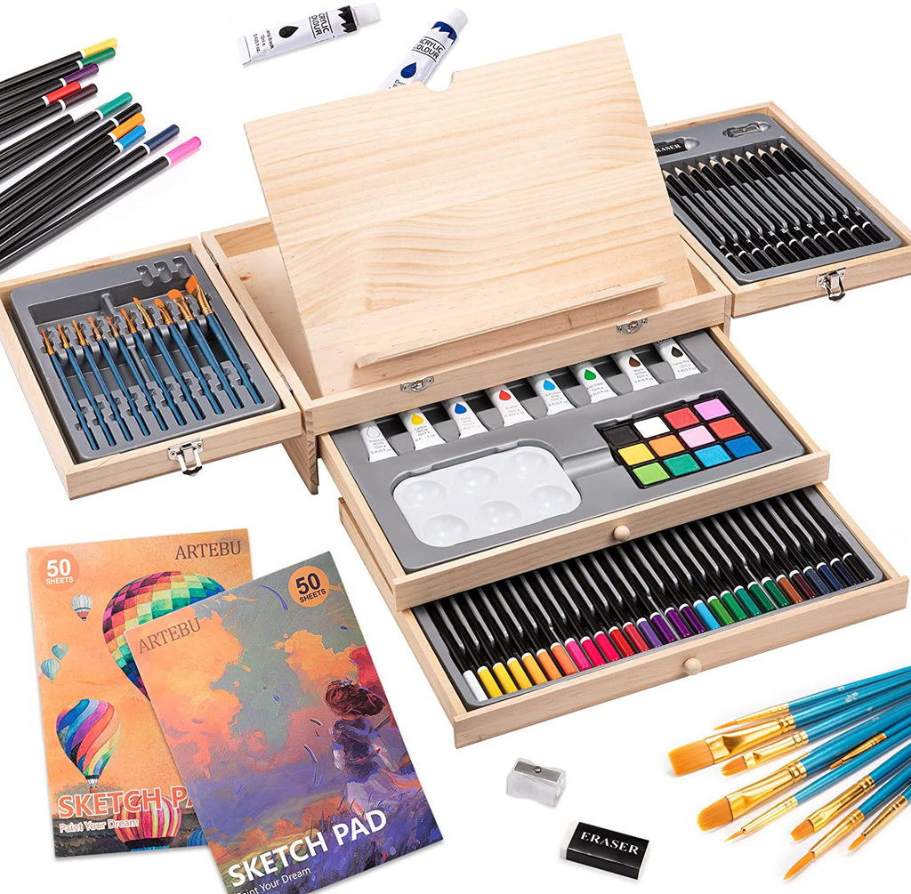 Art Set 85 Piece with Built-in Wooden Easel, 2 Drawing Pad, Art Supplies in  Portable Wooden Case-Painting & Drawing Set Professional Art Kit