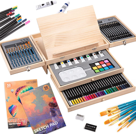 Art Supplies, 153-Pack Deluxe Wooden Art Set Crafts Drawing Painting Coloring Supplies Kit with 2 A4 Sketch Pads, 1 Coloring Book, Creative Gift Box